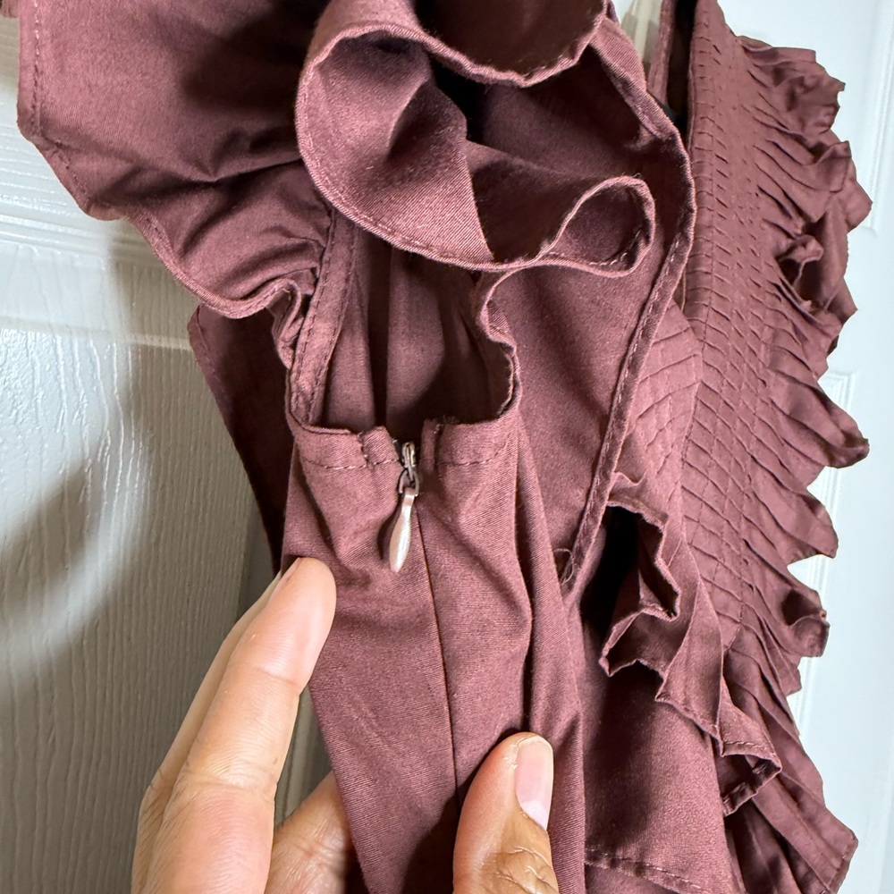 Entro Ruffle Pleated V-neck Mini Babydoll Dress Size L Chocolate Brown - Picture 4 of 11